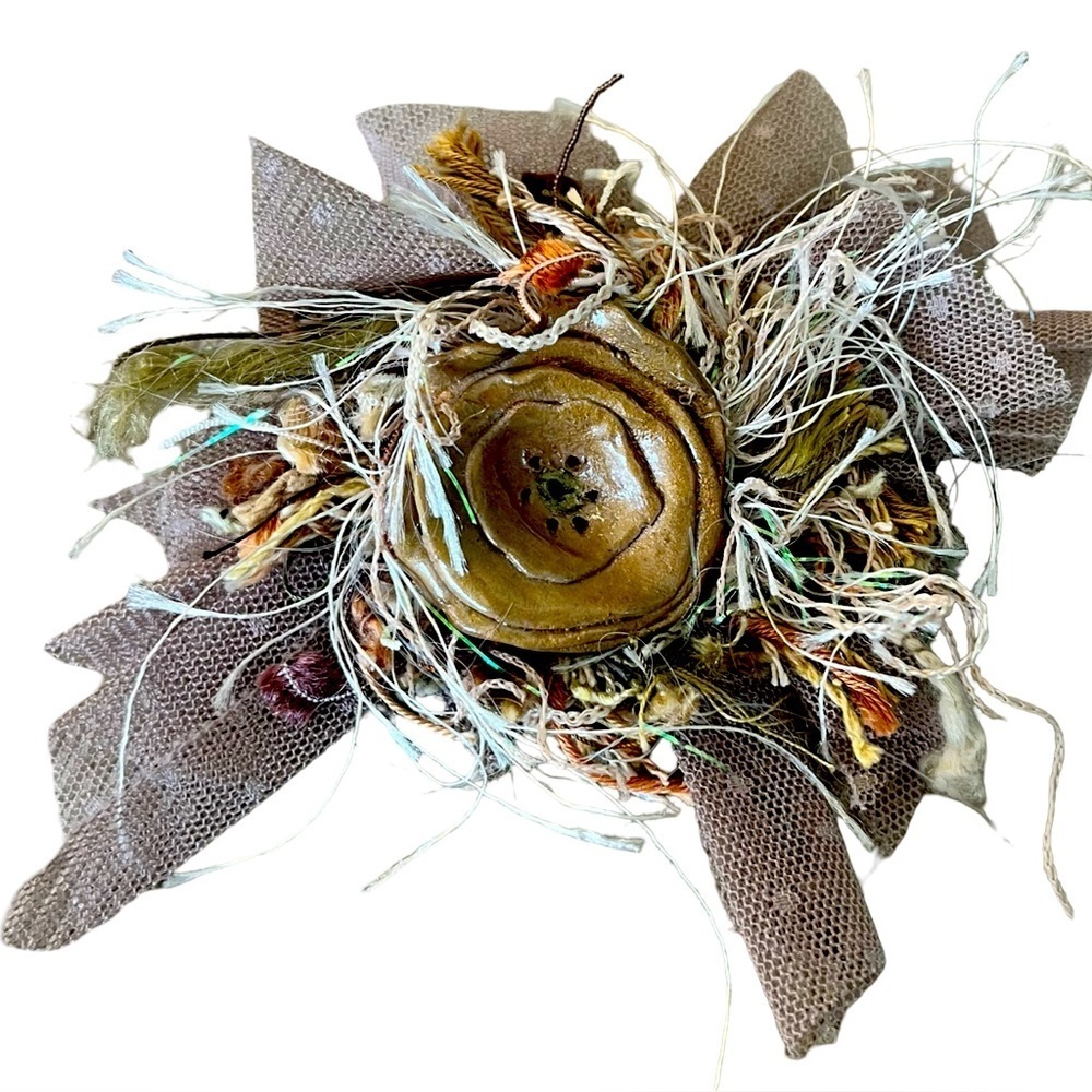 Vintage LaBelle Artisan Textile with Ceramic Flower Brooch